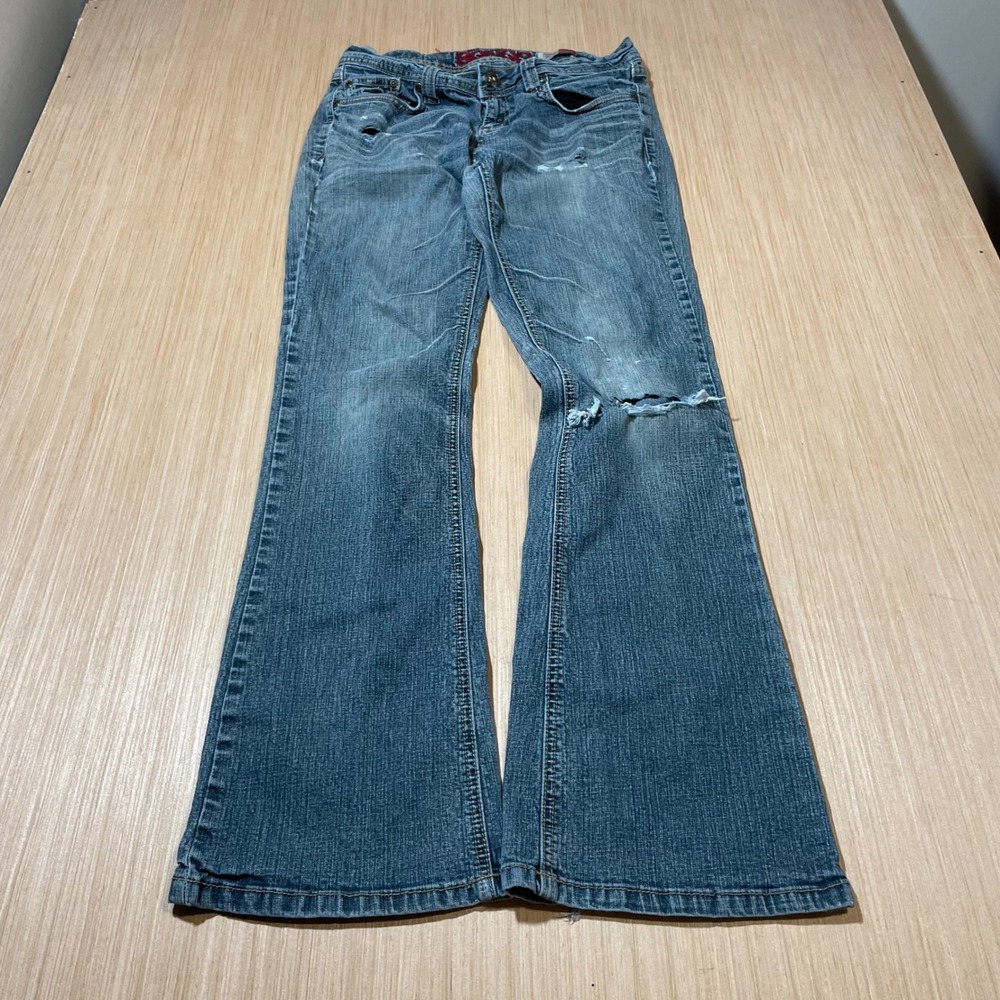 Bongo Jeans Women Blue Flirty Bootcut Distressed Low Rise Y2K Denim Size 7